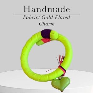 Handmade Neon Green Fabric Bracelet with Gold Plated Heart Charm